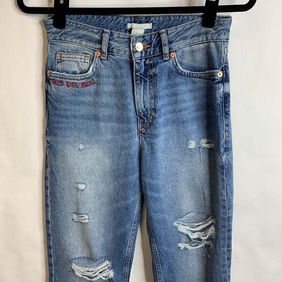 "Girls Bite Back" H&M Jeans Sz 6 Distressed Straight Leg Raw Hem - Picture 4 of 10